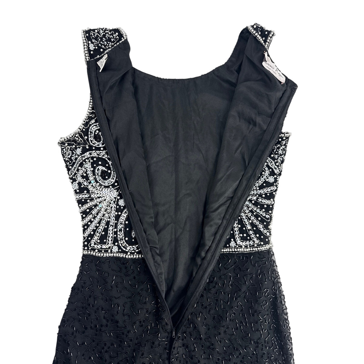 Vintage 80s Lawrence Kazar Black Beaded Silk Sheath Dress Women's Small