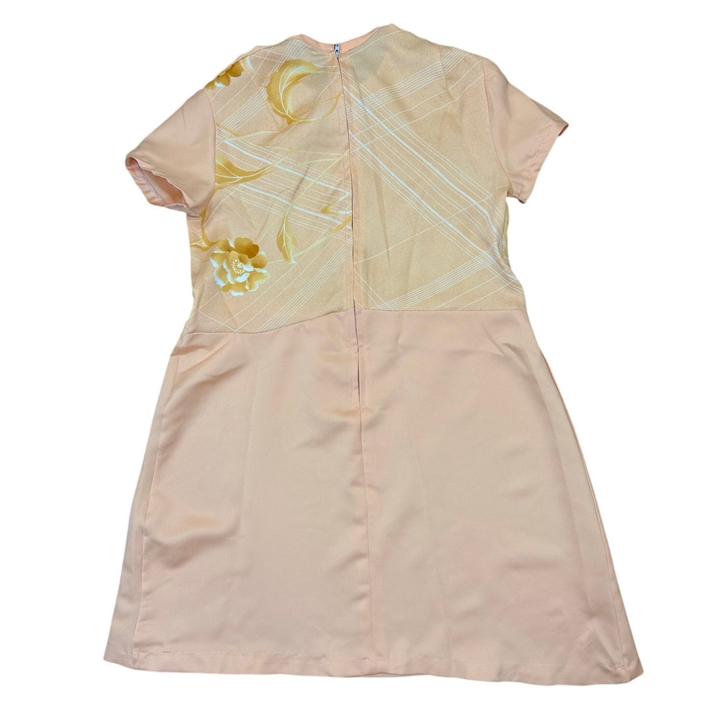 Vintage 70s Peach Floral Polyester Knit Mini Dress Women's Small Home Sewn