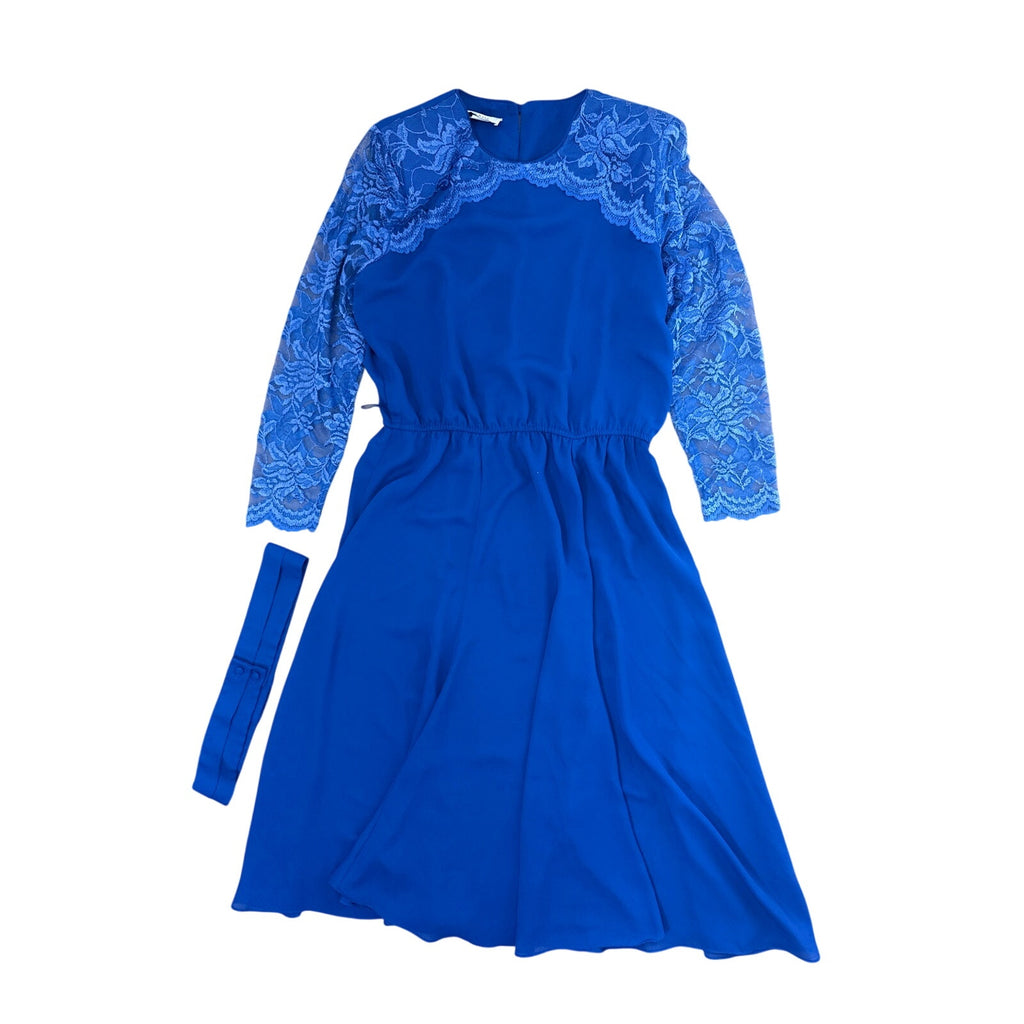Vintage 80s Women's Medium Private Affaire Navy Lace Sleeve Midi Dress Belted