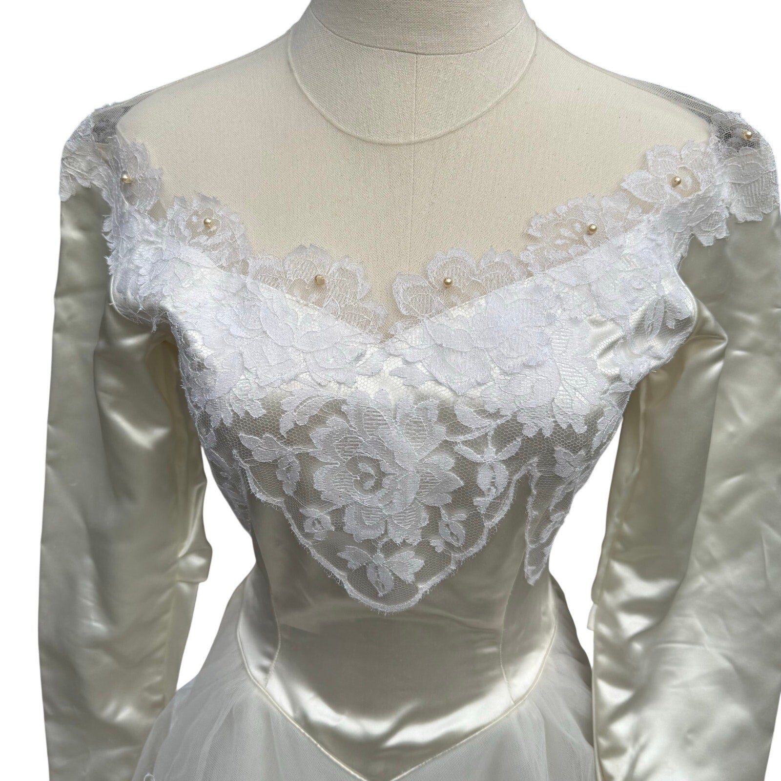 Vintage 50s Women's XS Wedding Dress Satin Lace and Chapel Train Sylvia Ann