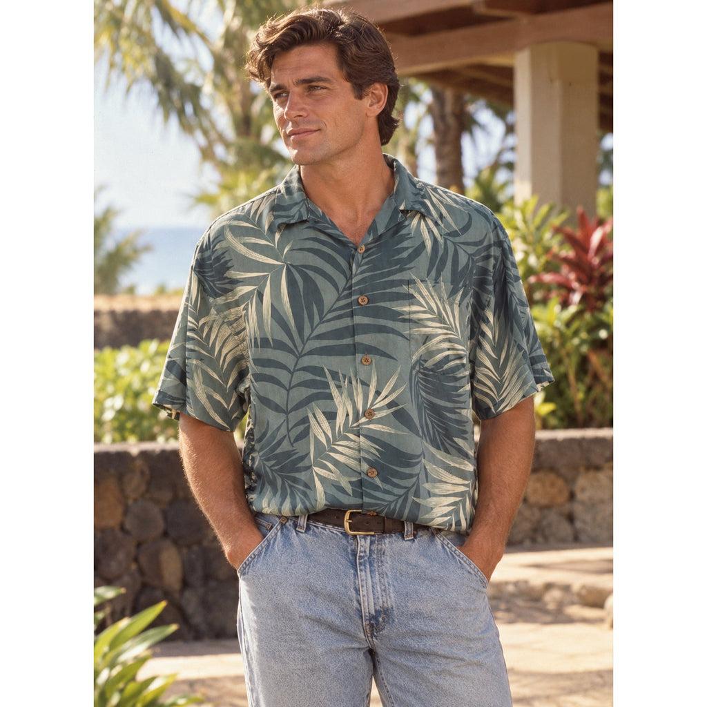 Vintage 90s Hilo Hattie Silk Hawaiian Shirt Green Foliage Men’s Large Chest 46"
