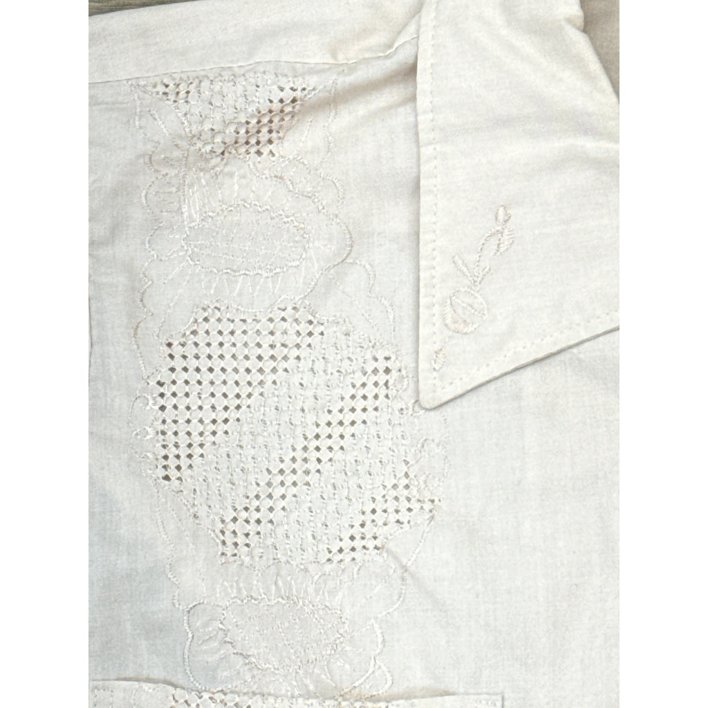 Vintage 70s Men's Small Calez Taupe Guayabera Shirt Embroidered 4 Pocket