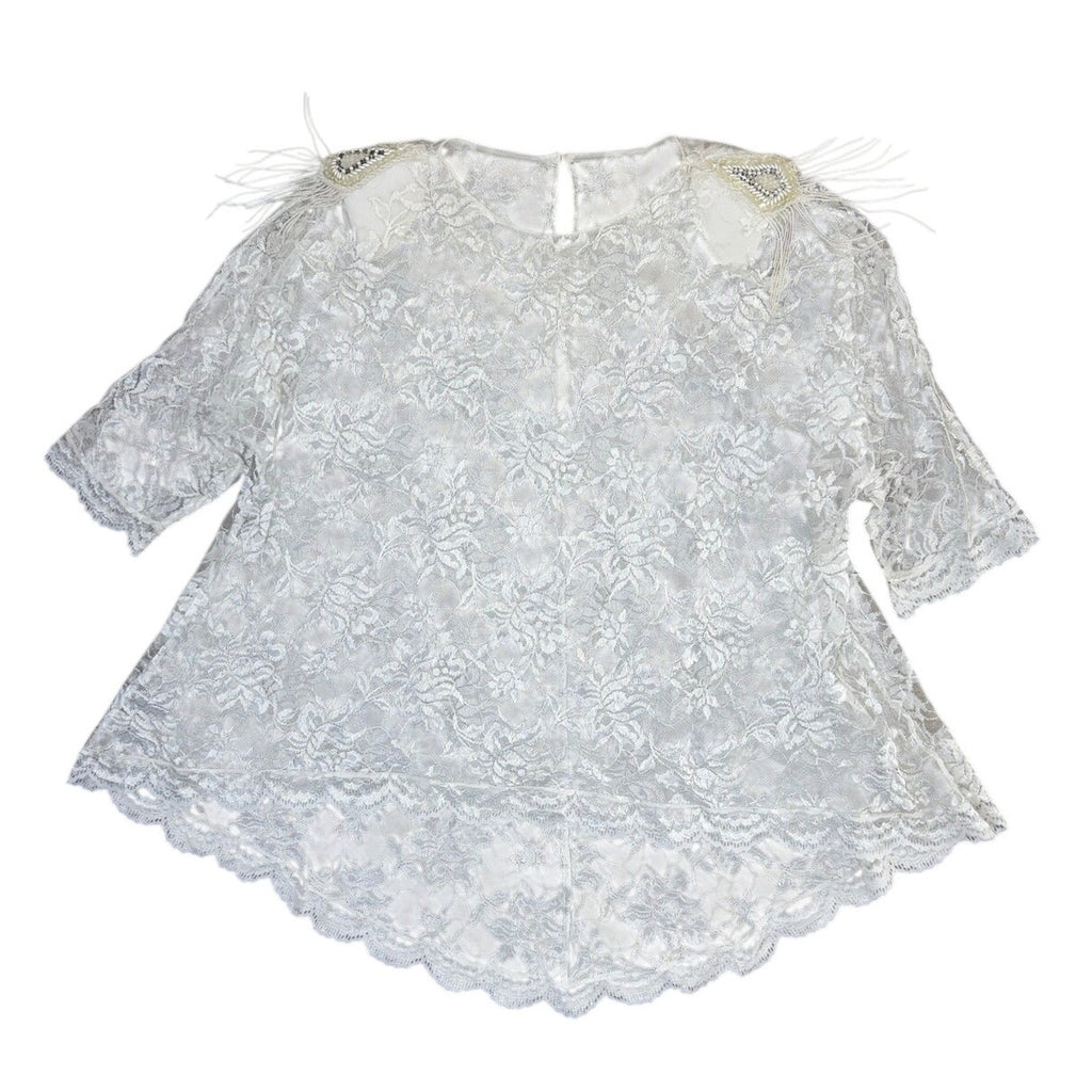Vintage 1980s White Lace Beaded Fringe Overlay Dress Women's Small