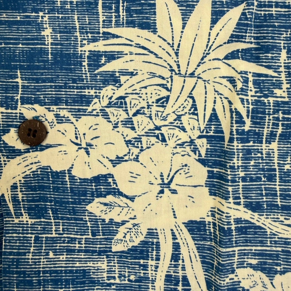 Vintage 90s Palmwave Hawaiian Shirt Blue Floral Cotton Camp Shirt Men's Large