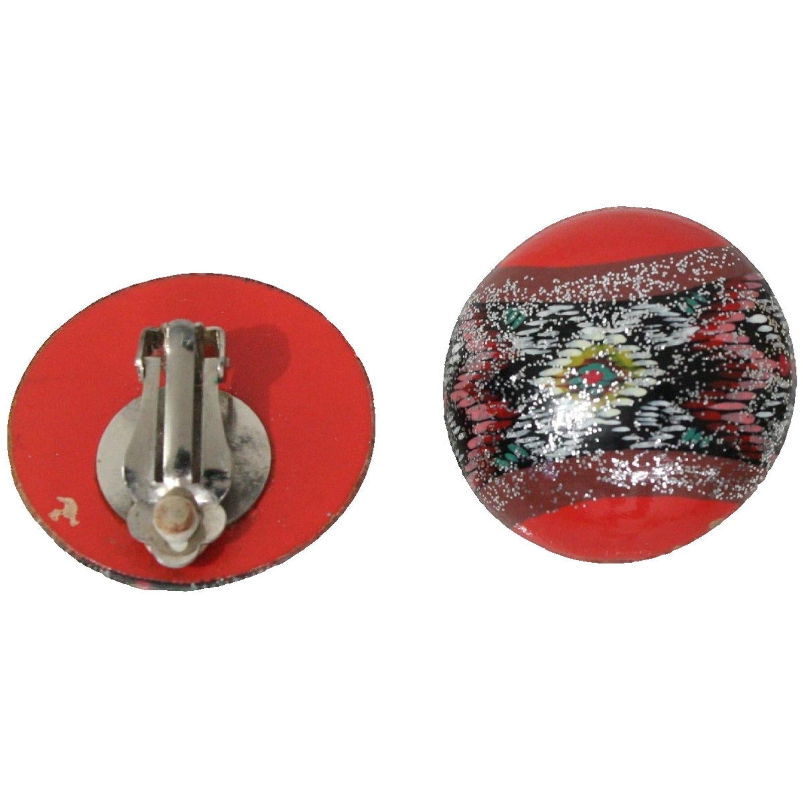 Vintage 60s Tomato Red Clip On Earrings Silver Glitter Mod Mid Century