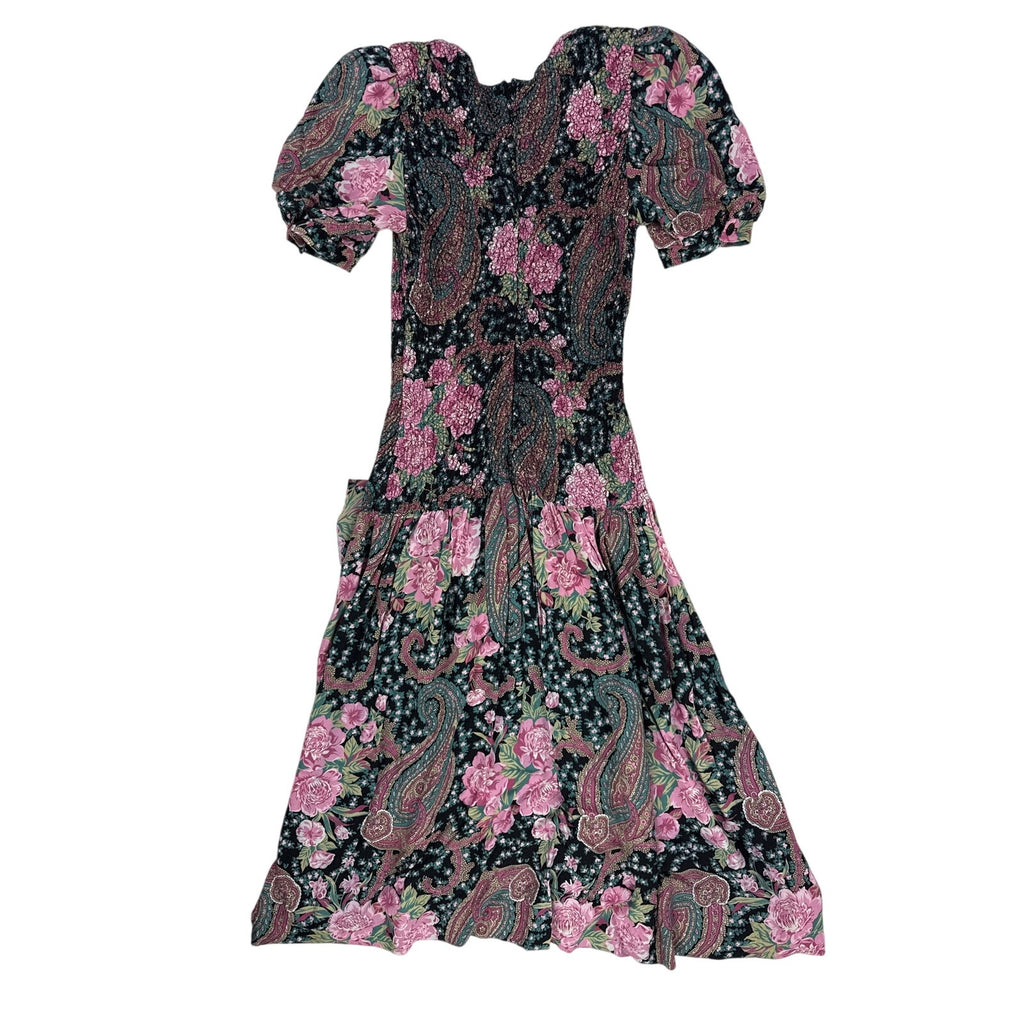 Vintage 80s ACT I New York Black Floral Drop Waist Midi Dress Women's 9/10