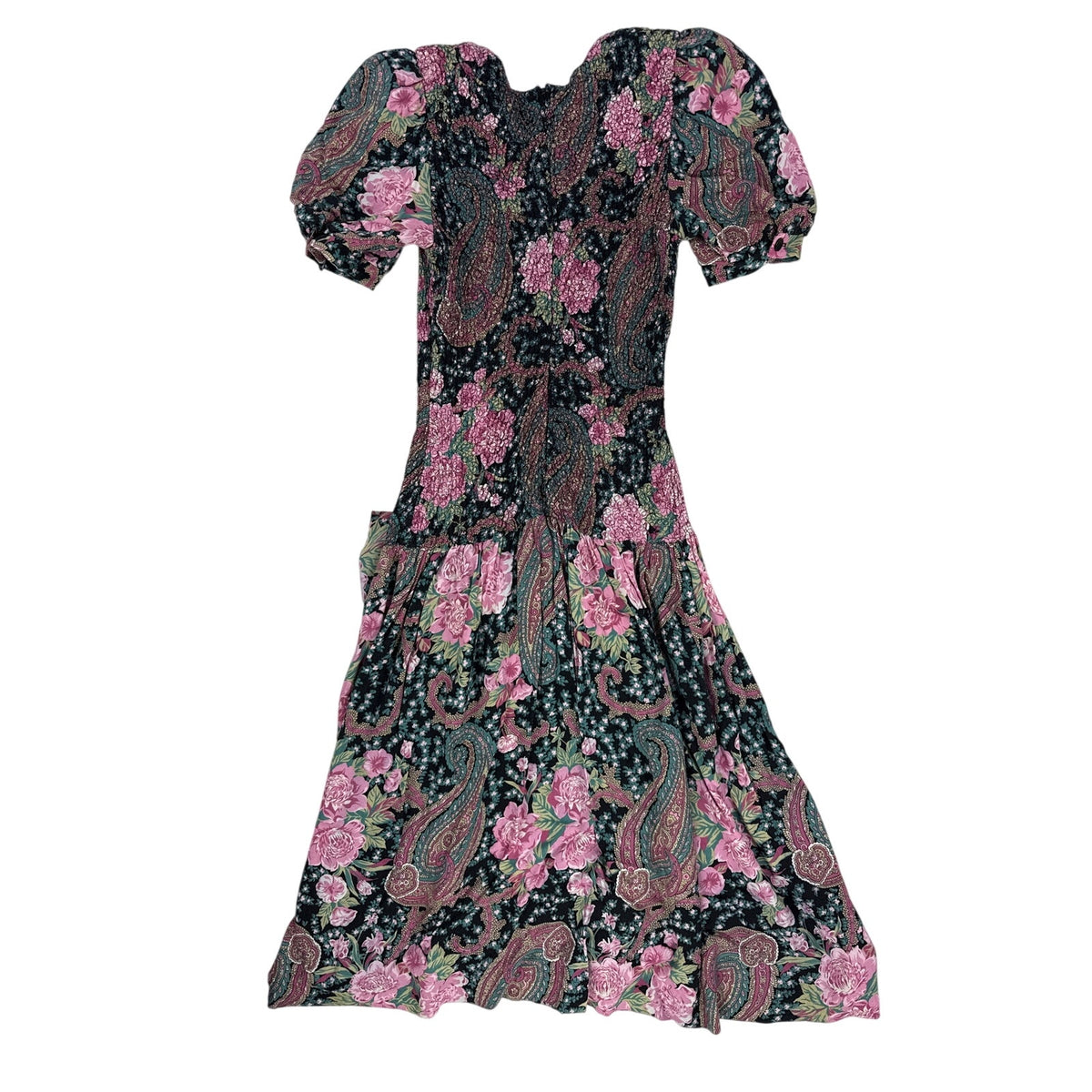 Vintage 80s ACT I New York Black Floral Drop Waist Midi Dress Women's 9/10