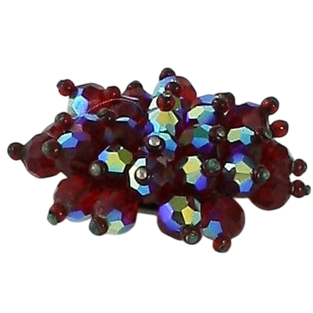 Vintage 1960s Ruby Red AB Glass Bead Cluster Brooch Pin 2.5”