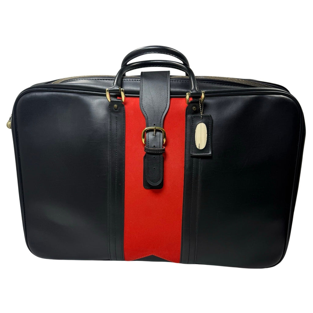 Vintage 70s Black Leather Luggage Briefcase Red Stripe Locking Travel Case