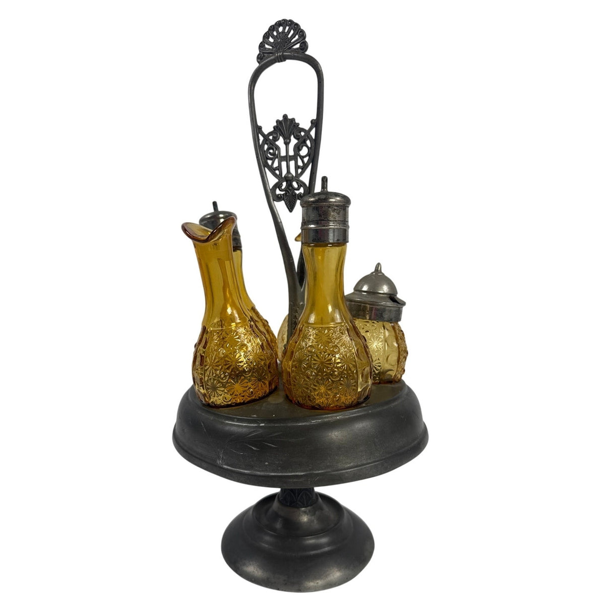 Antique Victorian Amber Glass Cruet Castor Set Ornate Silverplate Stand 15”