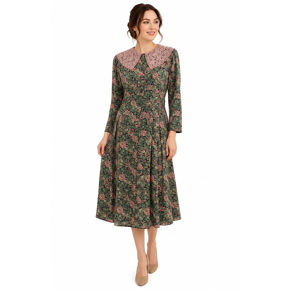 Vintage 80s Mindy Malone Floral Rayon Midi Dress Lace Collar Women's 4