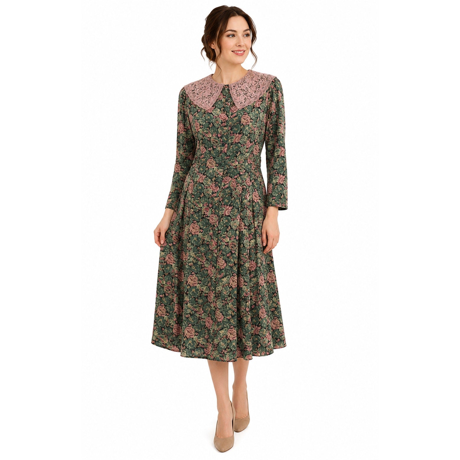 Vintage 80s Mindy Malone Floral Rayon Midi Dress Lace Collar Women's 4