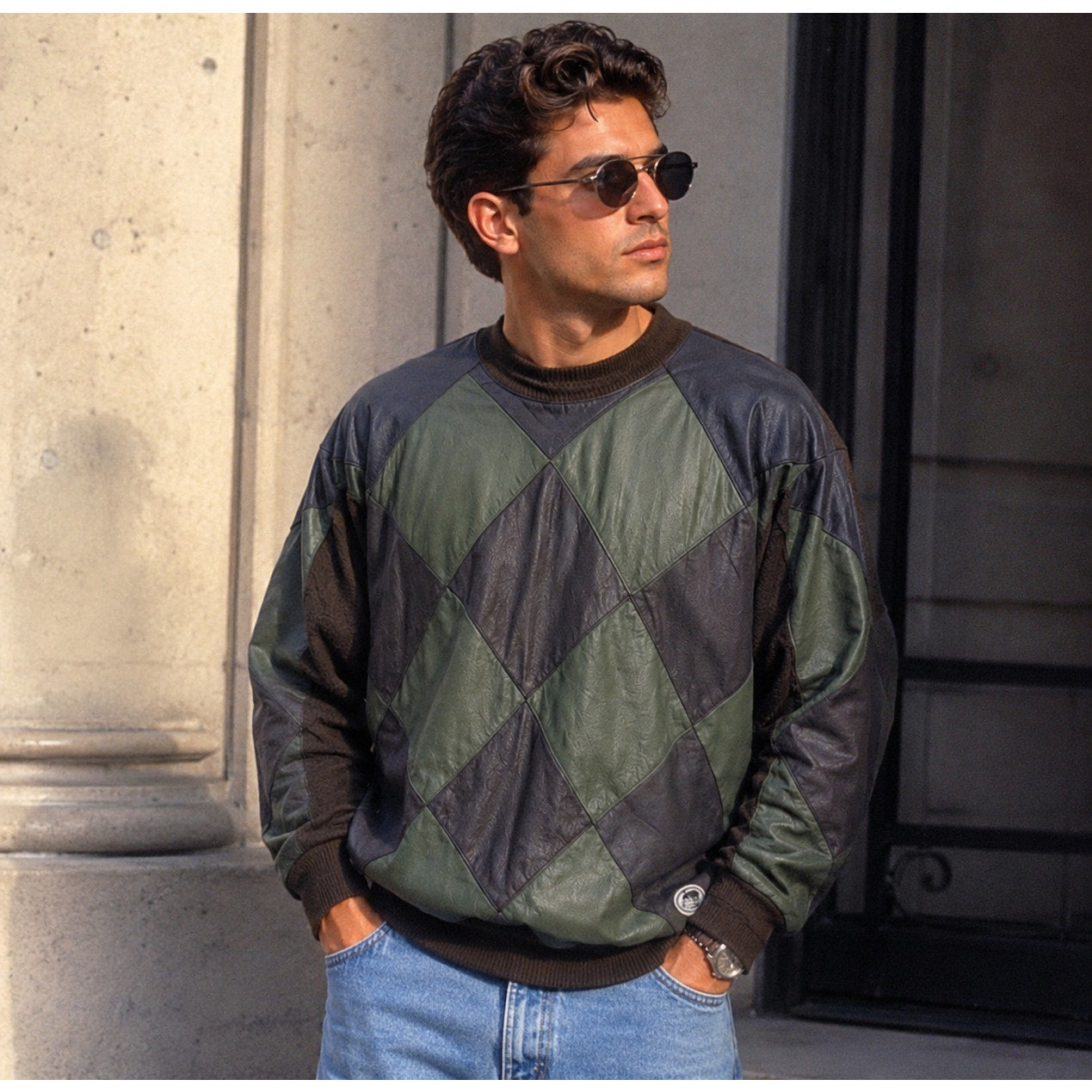 Vintage 80s Men's XL Patchwork Knit Sweater Blue Green Trutus Biancarra