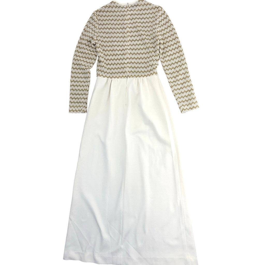 Vintage 1960s Ivory Gold Knit Maxi Dress Long Sleeve Sheer Bodice Women's XS