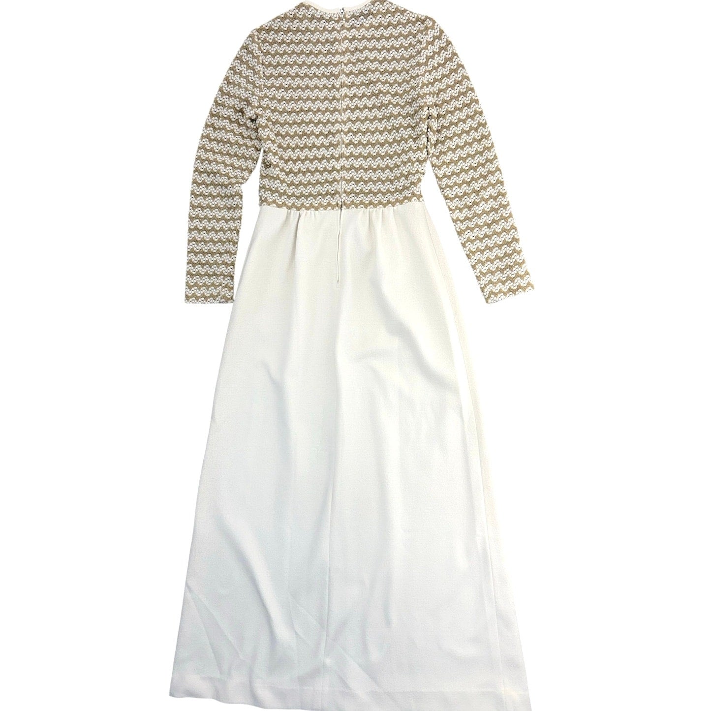 Vintage 1960s Ivory Gold Knit Maxi Dress Long Sleeve Sheer Bodice Women's XS