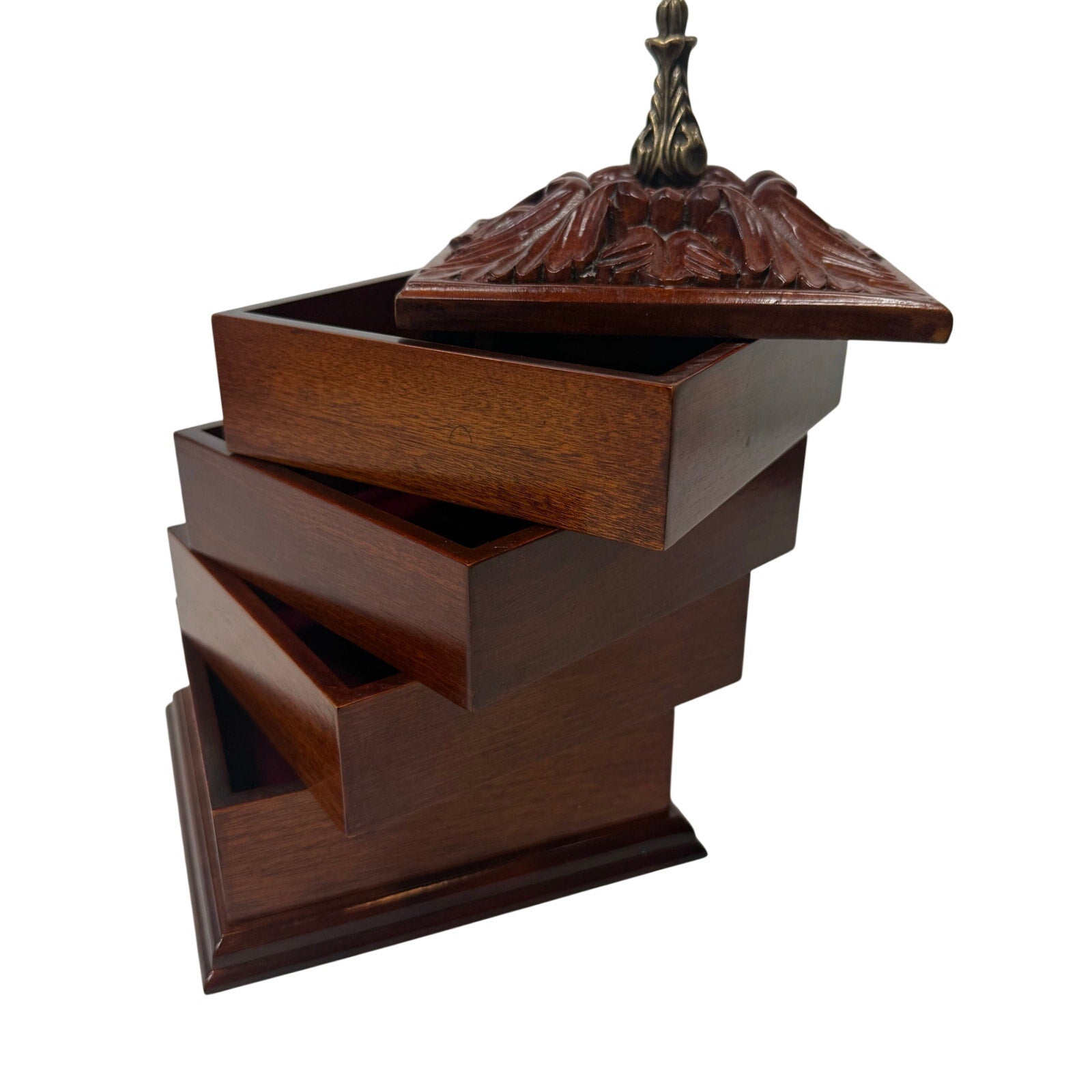 Bombay Company Jewelry Box Carved Wood Velvet Lined Tiered