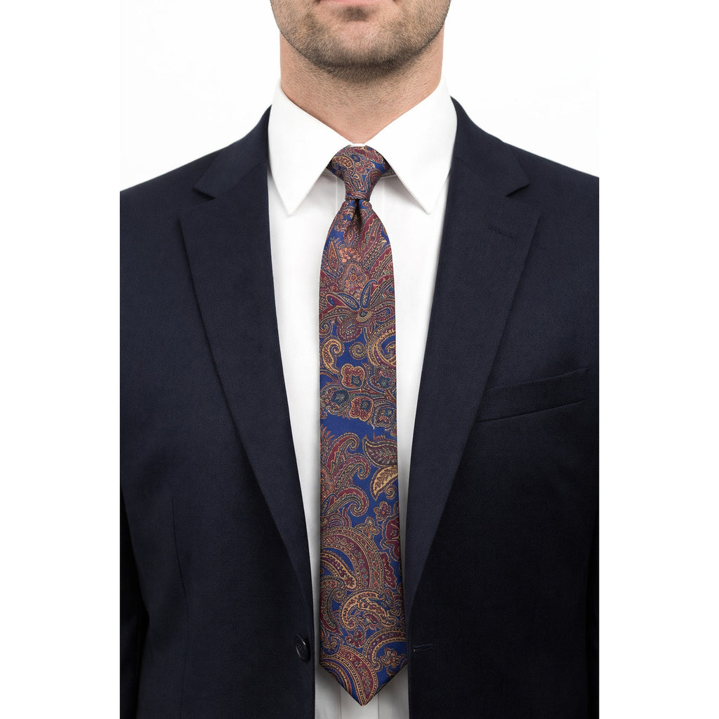 Vintage 90s Dion Signature Silk Paisley Tie Blue Red Gold Italian 60.5x3.25