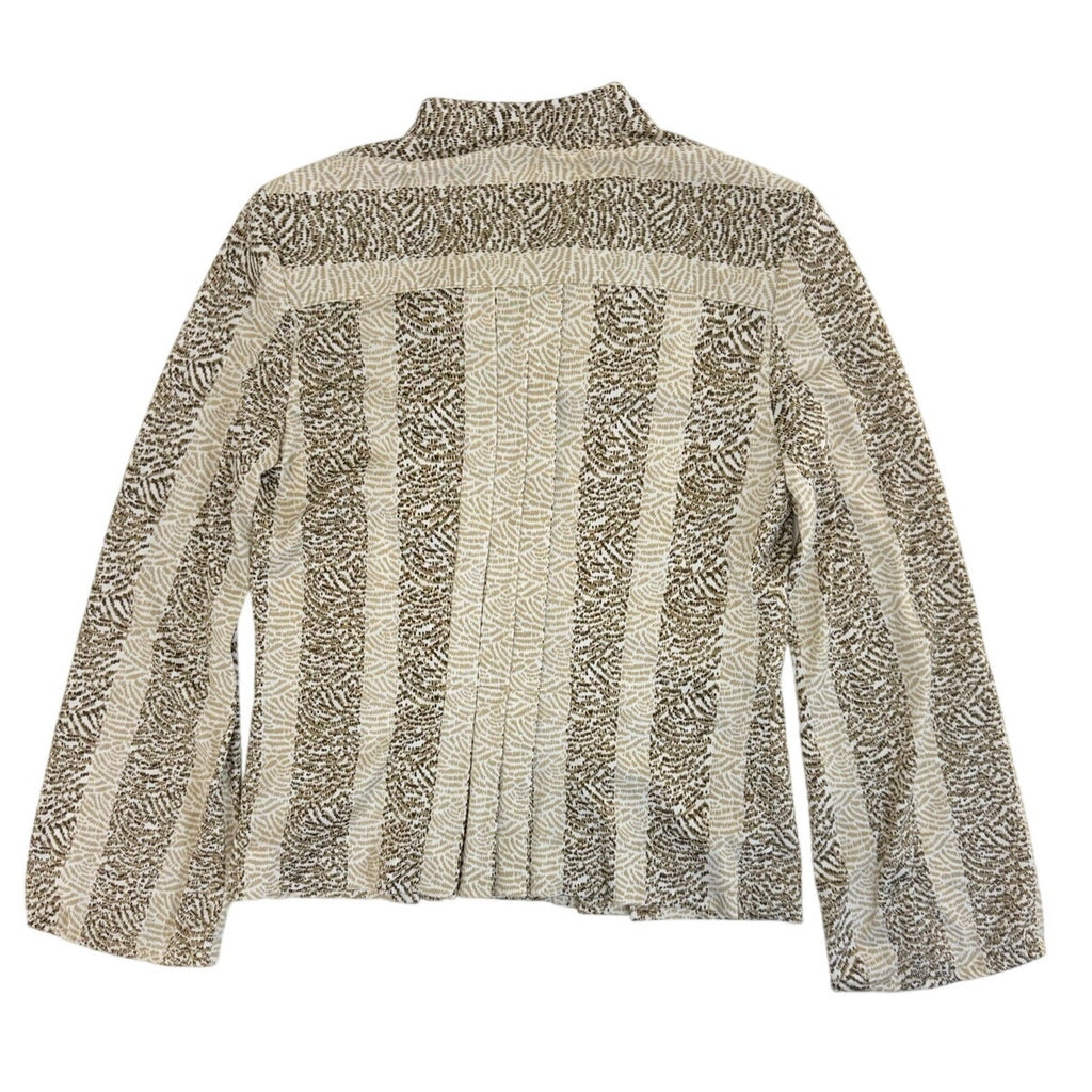 Vintage 80s Kiva Beige Pleated Polyester Blouse Pearl Button Shirt Women's 8