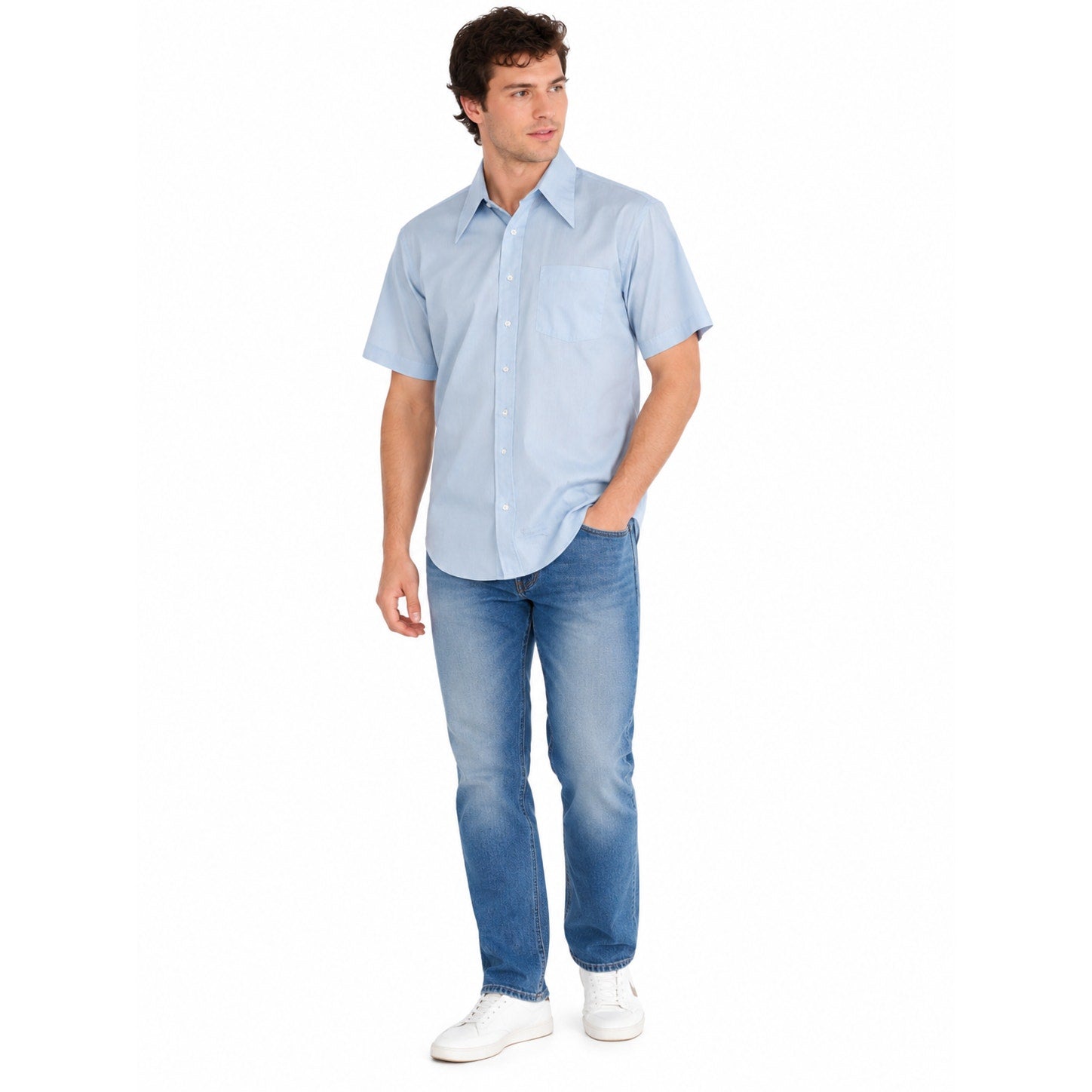 Vintage 70s Men's Large Blue Short Sleeve Button Down Shirt Lightweight 44 Chest