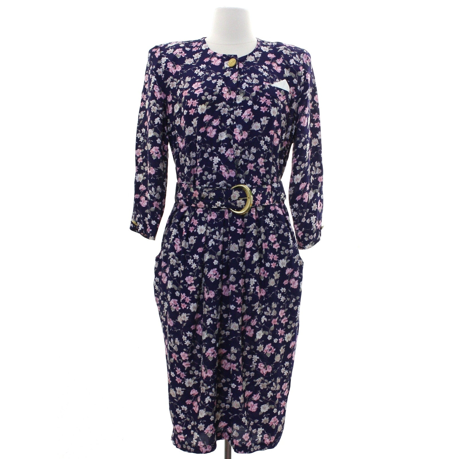Vintage 80s SL Petites Floral Rayon Belted Dress Navy Size 12 Midi