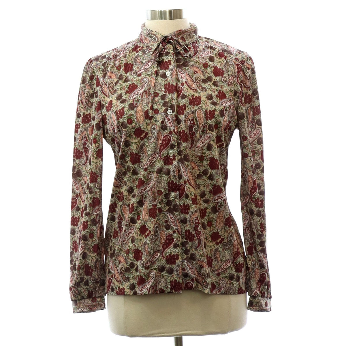 Vintage 70s Fire Islander Wine Pink Paisley Bow Neck Blouse Women's Medium