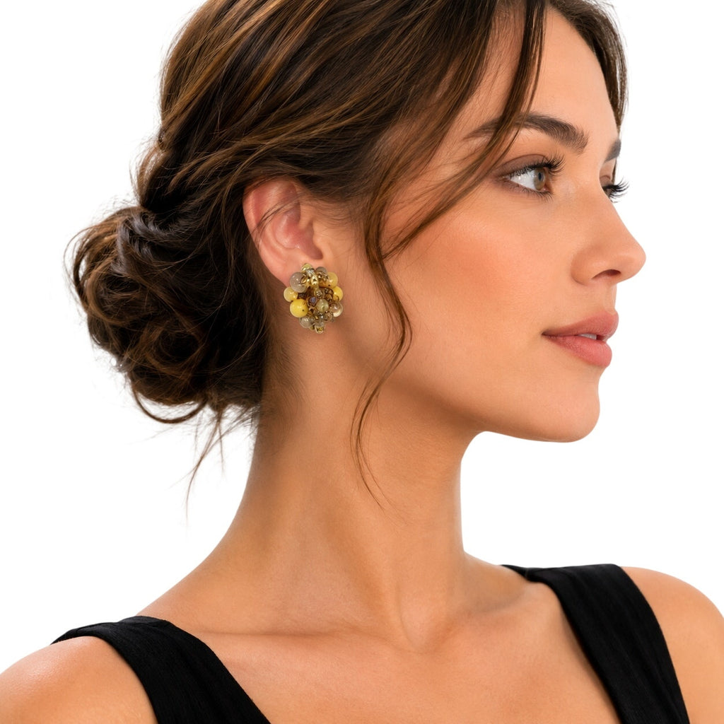 Vintage 60s Gold Tone Beaded Clip On Earrings Iridescent Retro