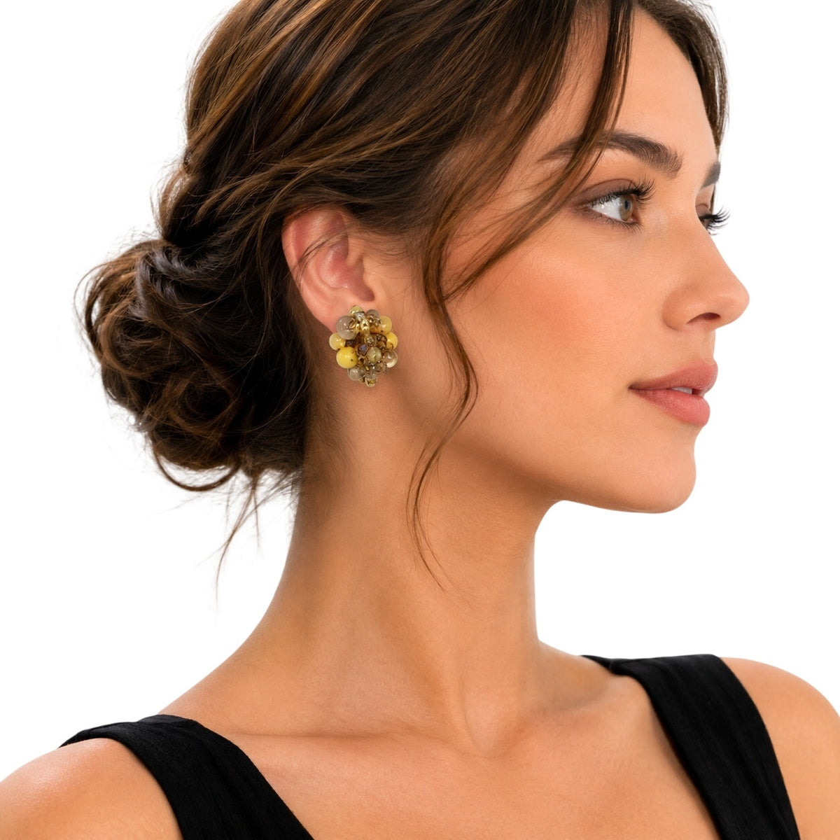 Vintage 60s Gold Tone Beaded Clip On Earrings Iridescent Retro