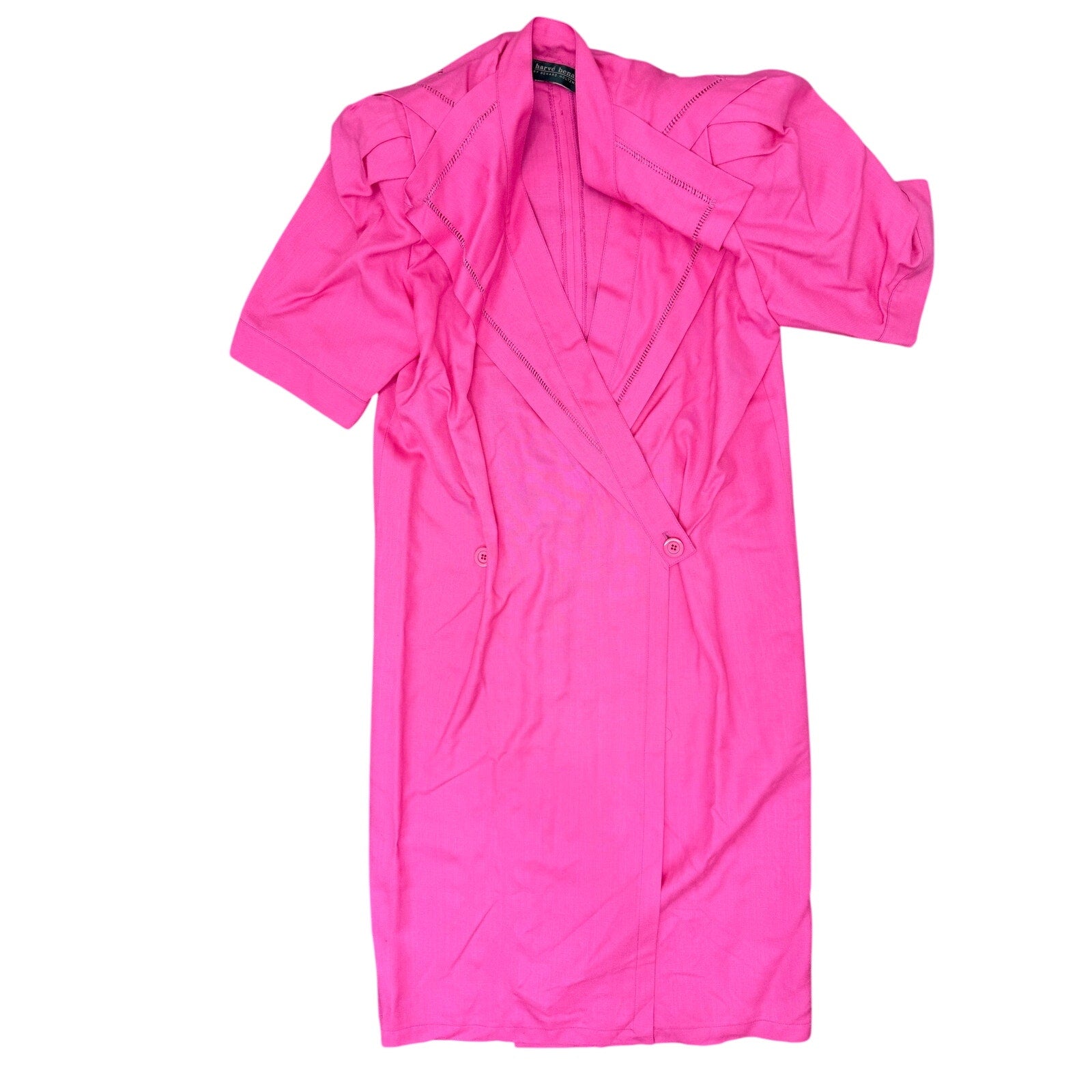 Vintage 80s Women's Small Harve Benard Pink Wrap Dress Rayon Midi Shoulder Pad