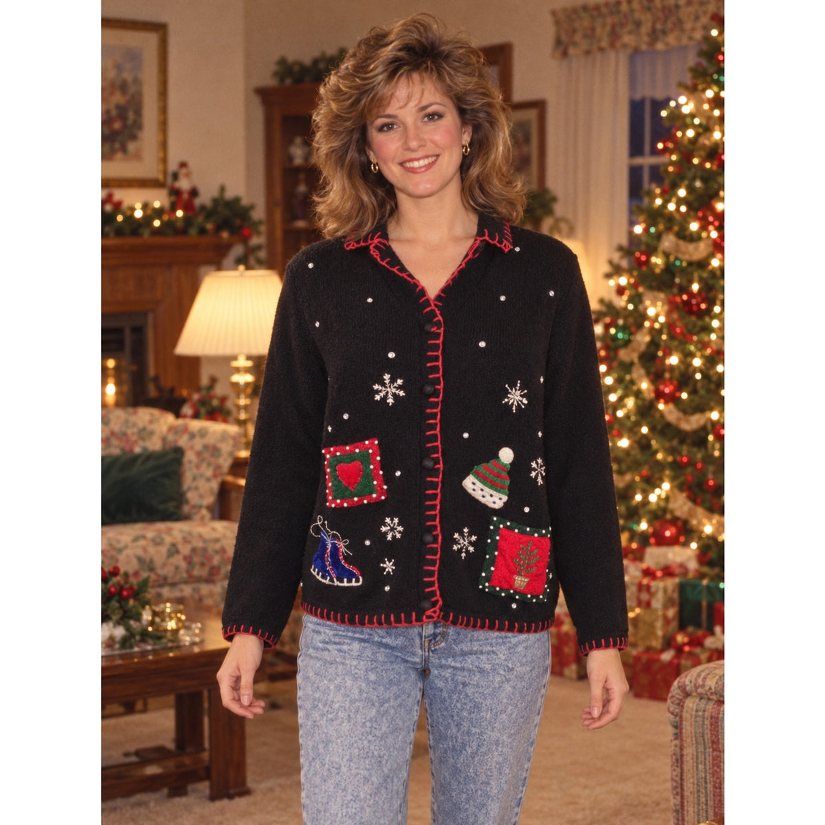 Vintage 80s Basic Editions Black Snowman Christmas Cardigan Sweater Medium