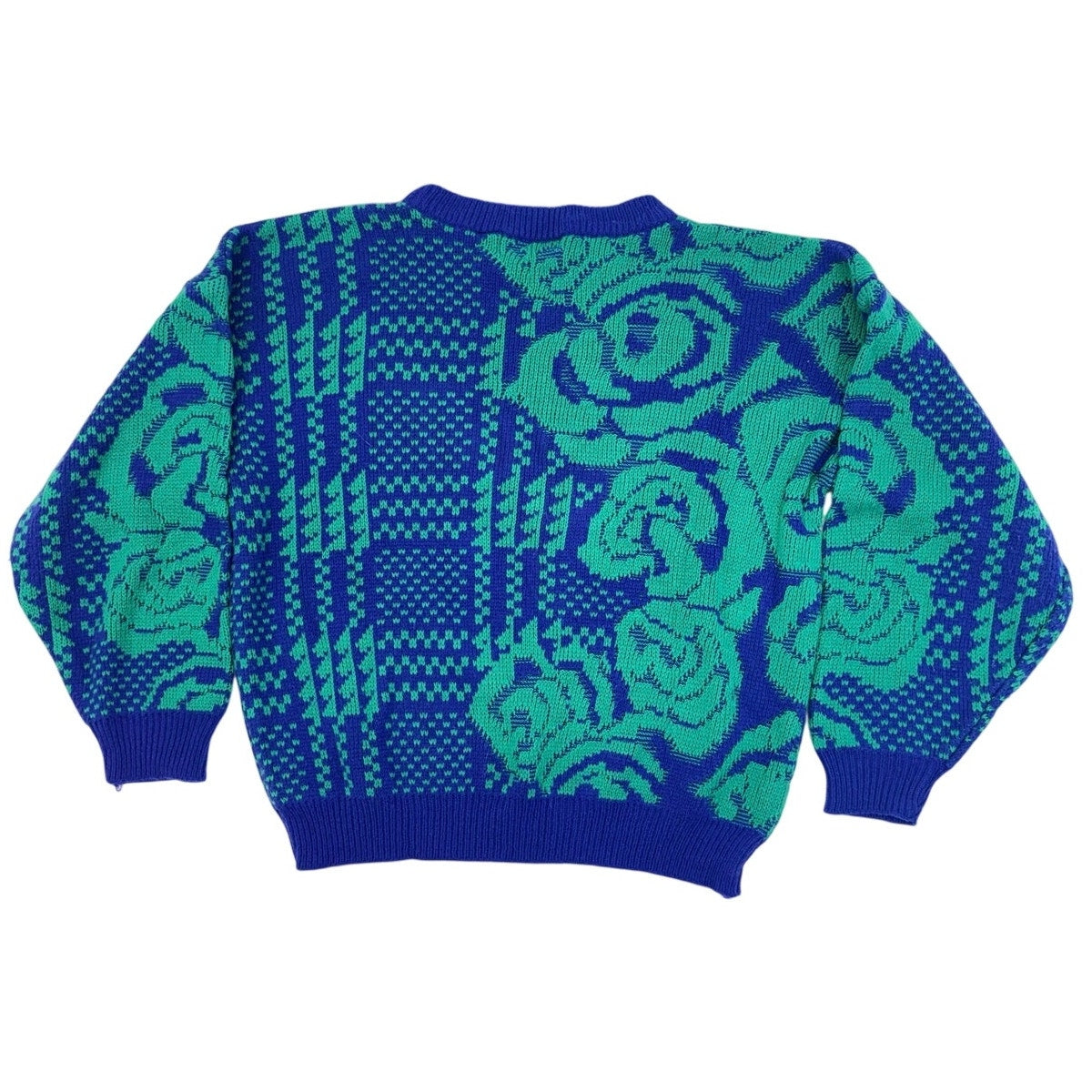 Vintage 80s A'Milano Blue Green Floral Geometric Acrylic Sweater Women's Medium