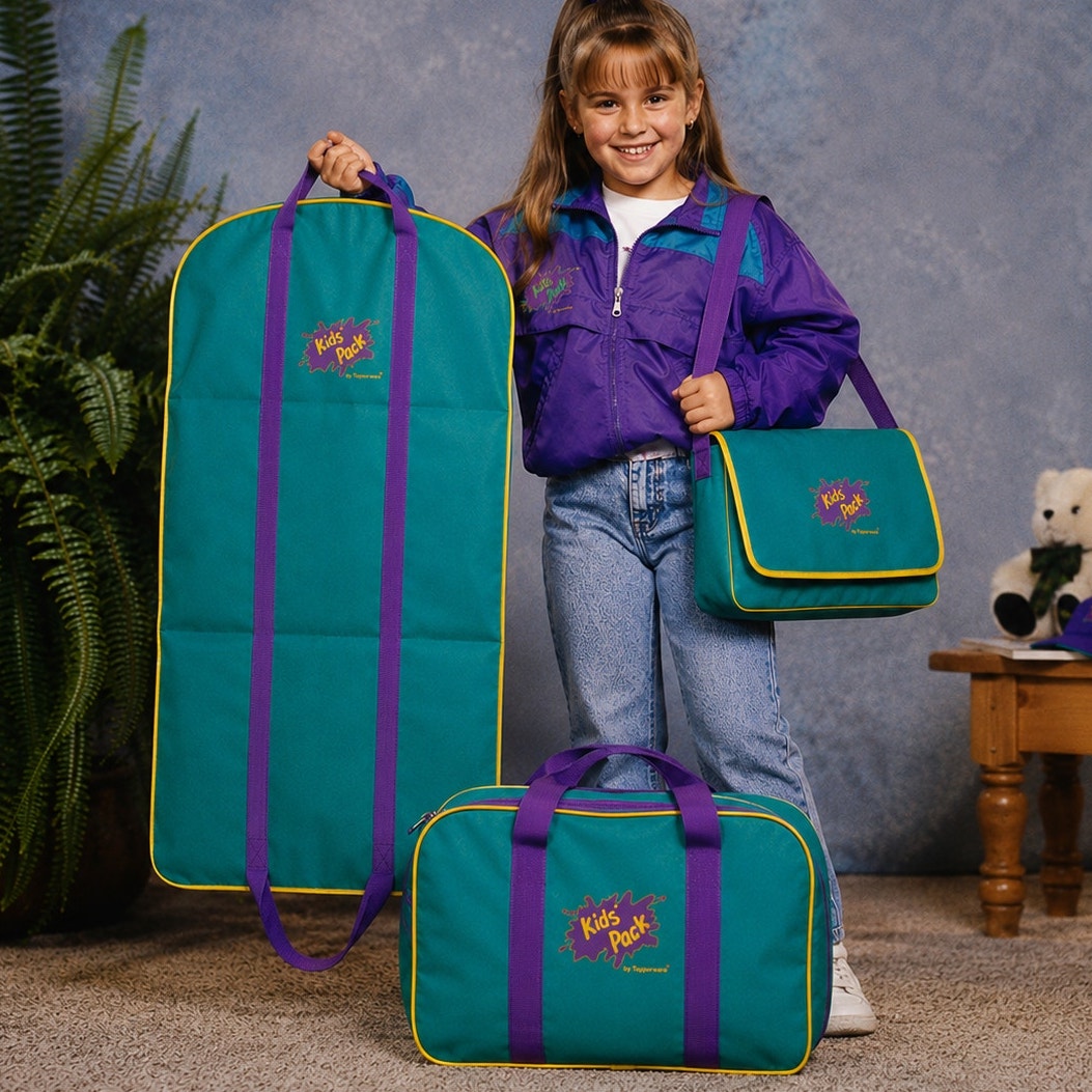 Vintage Tupperware Kids Pack 3 Pc Travel Set Suitcase Backpack Garment Bag Teal