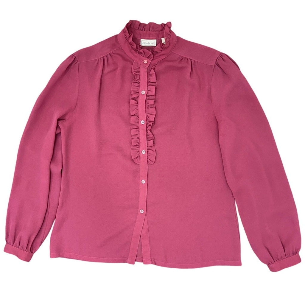 Vintage 80s Women's Medium Emotions Pink Ruffle Front Tuxedo Blouse