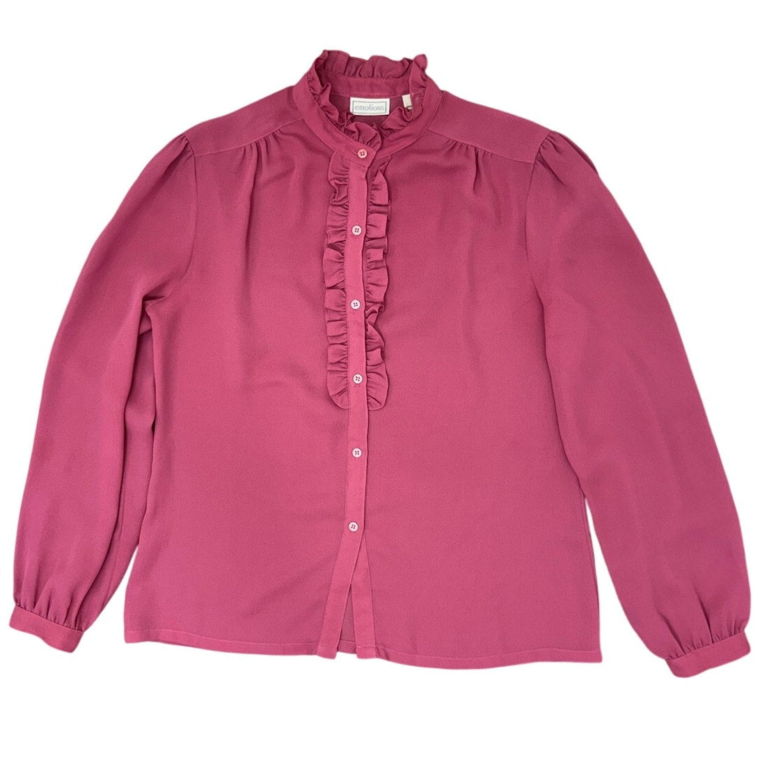 Vintage 80s Women's Medium Emotions Pink Ruffle Front Tuxedo Blouse