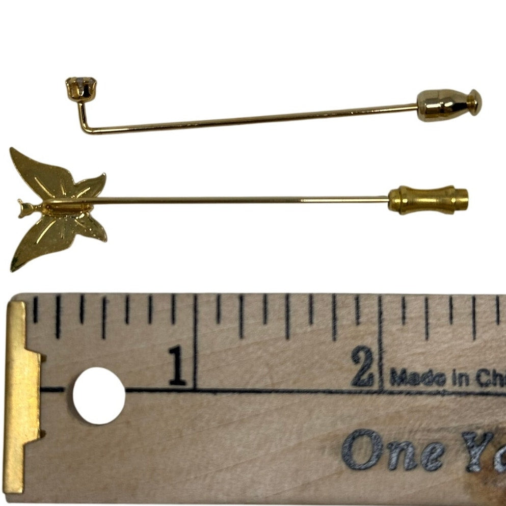 Vintage 90s Gold Tone Butterfly & Rhinestone Stick Pin Set 2.5”