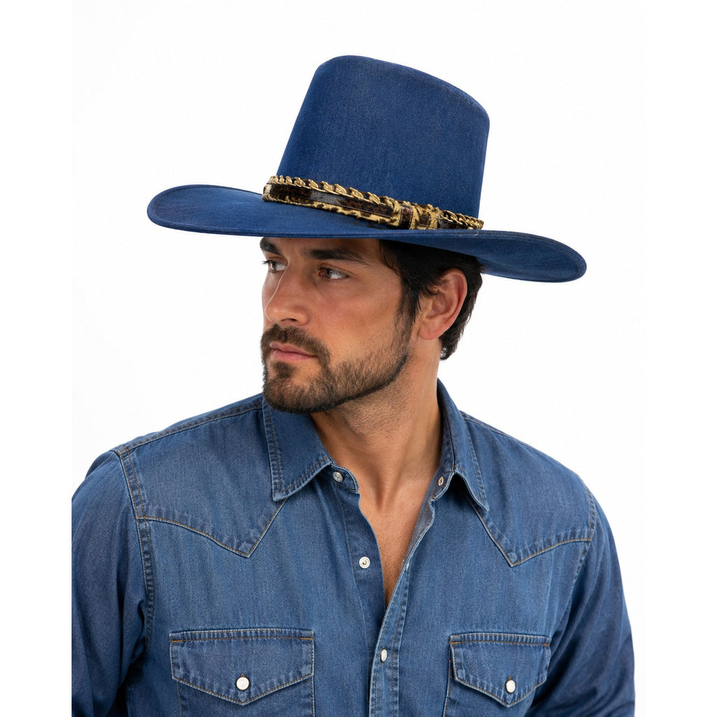 Vintage 1990s Lansing Workman Blue Cotton Western Cowboy Hat Leopard Band Unisex