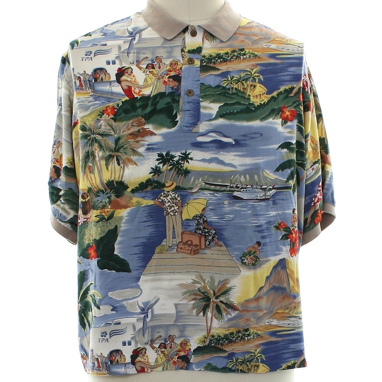 Vintage 90s Men's XL Reyn Spooner Hawaiian Polo Shirt Rayon Hula Dancer Island