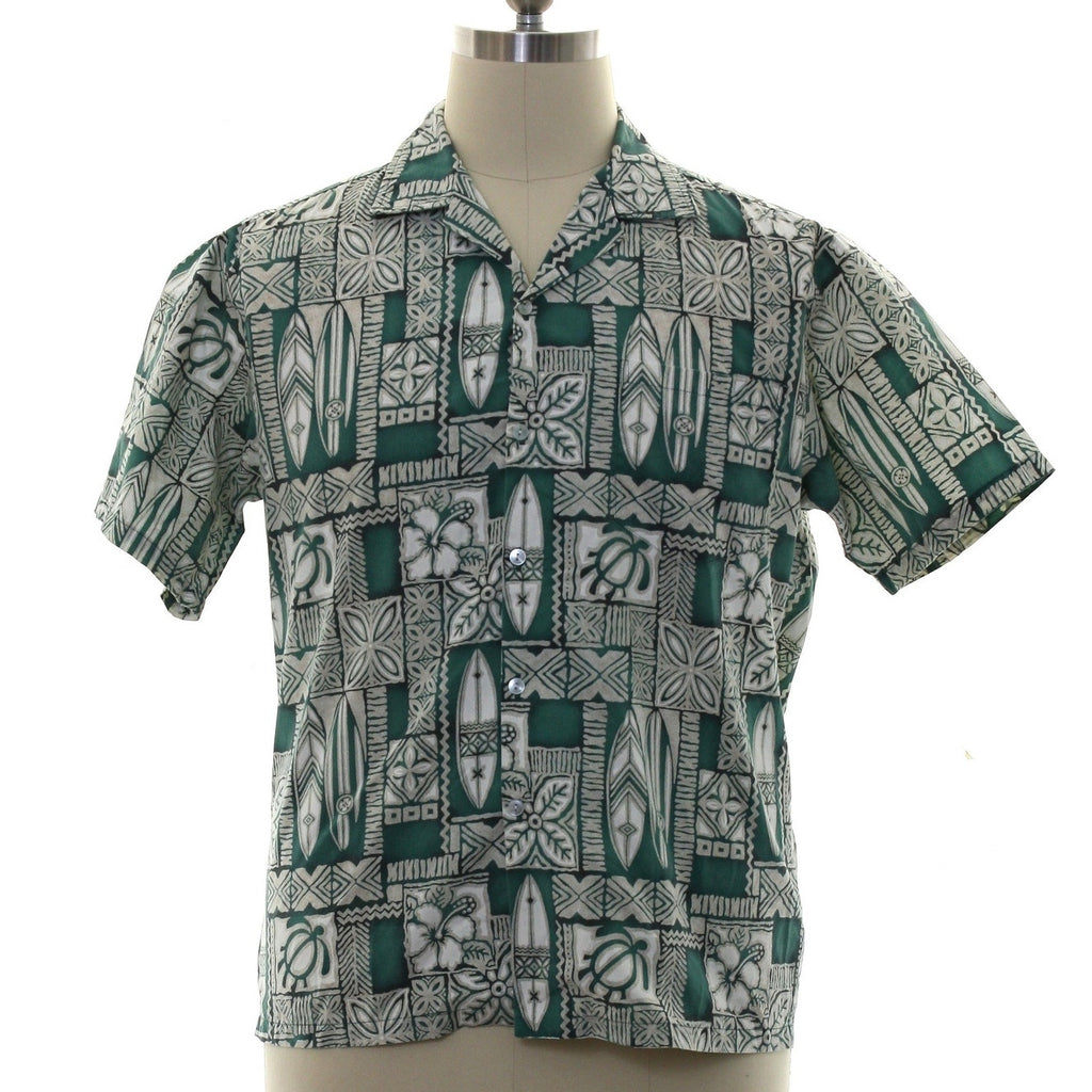Vintage 80s Men's XL Hawaiian Shirt Green White Surfboard Turtle Print