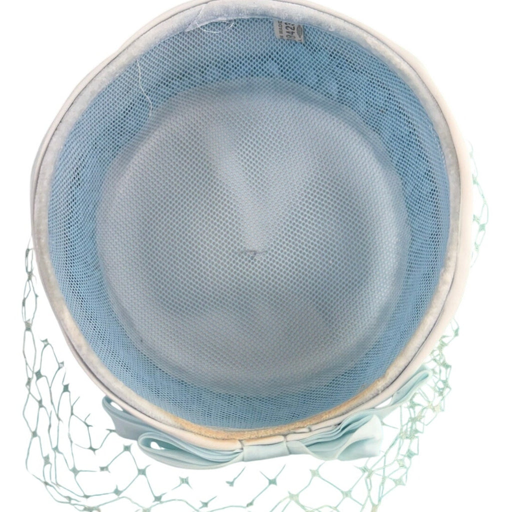 Vintage 1960s Ice Blue Pillbox Hat Veil Chiffon Bow Union Made Fascinator