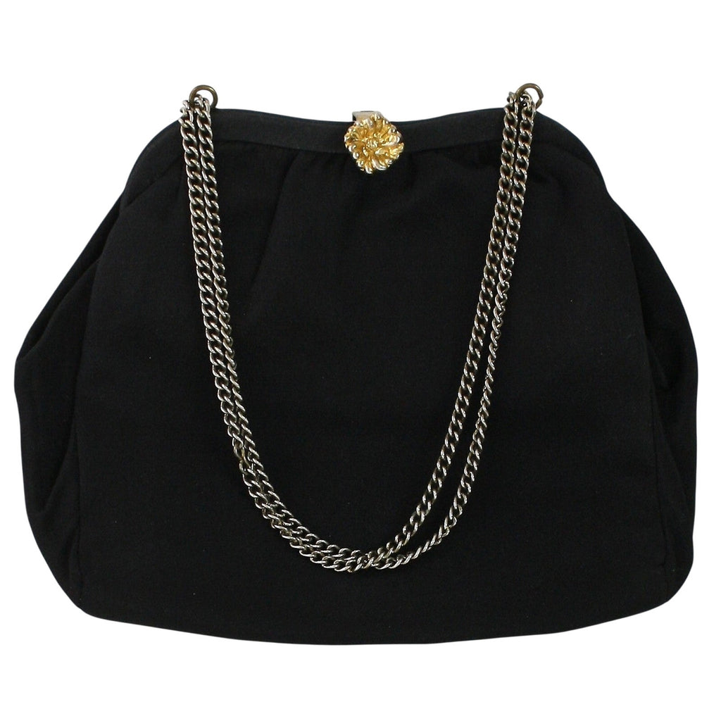 Vintage 40s Black Satin Crepe Chain Strap Evening Bag Purse