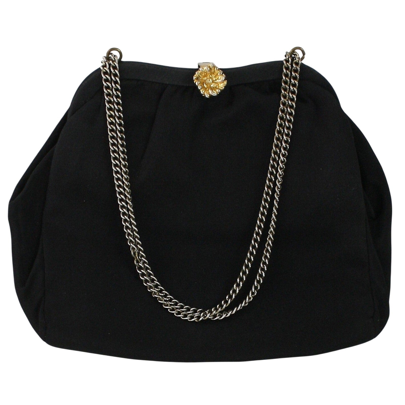 Vintage 40s Black Satin Crepe Chain Strap Evening Bag Purse