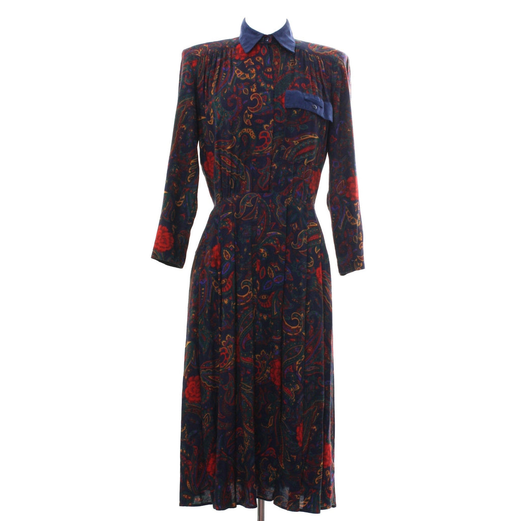 Vintage 80s Tarenti Paisley Rayon Midi Dress Navy Red Pleated Pockets Small
