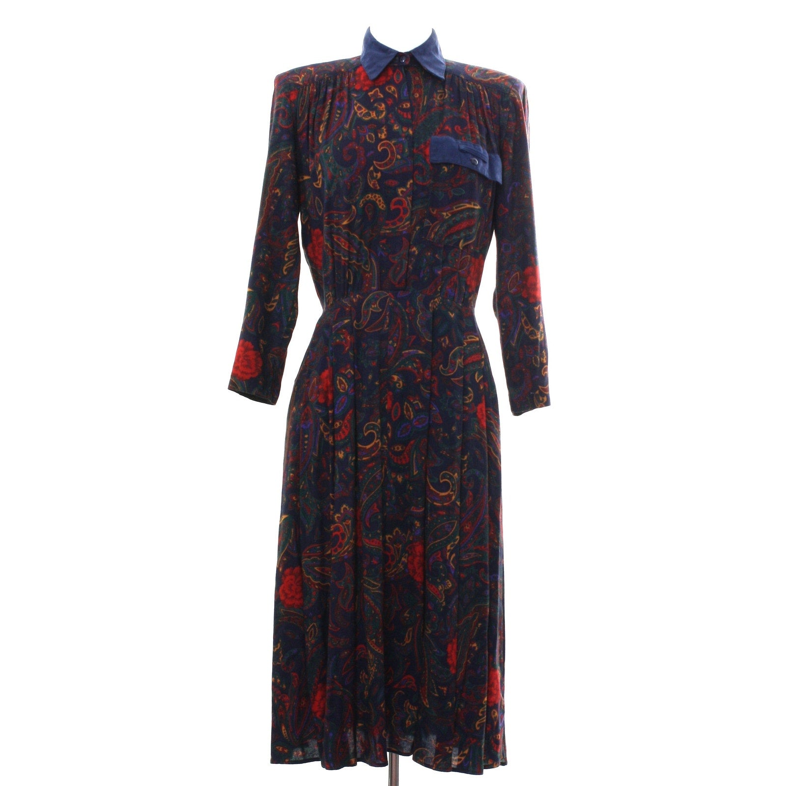 Vintage 80s Tarenti Paisley Rayon Midi Dress Navy Red Pleated Pockets Small