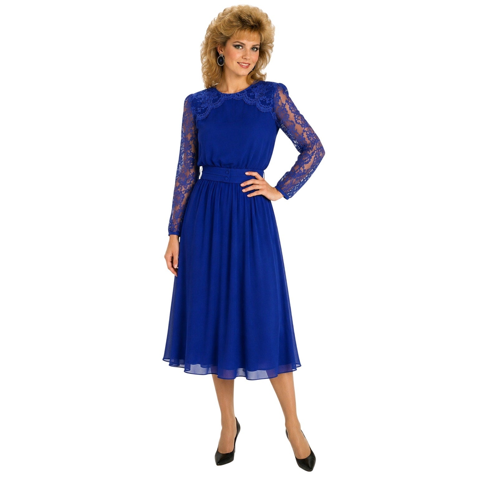 Vintage 80s Women's Medium Private Affaire Navy Lace Sleeve Midi Dress Belted