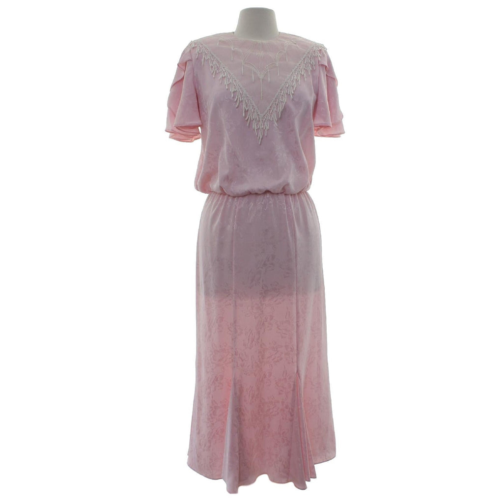 Vintage 80s Women's Medium Samantha Black Pink Fringe Lace Blouson Maxi Dress