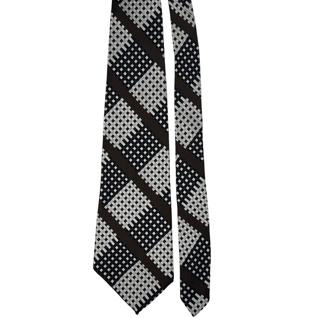Vintage 70s Mens Wide Disco Necktie Champs Elysee Op Art Check Brown Black White
