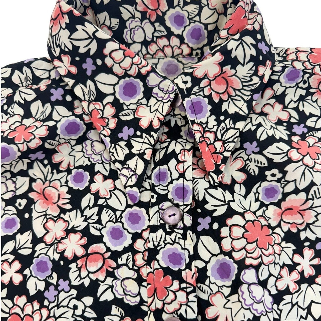 Vintage 70s Floral Blouse Black Cream Lavender Long Sleeve Women's Large