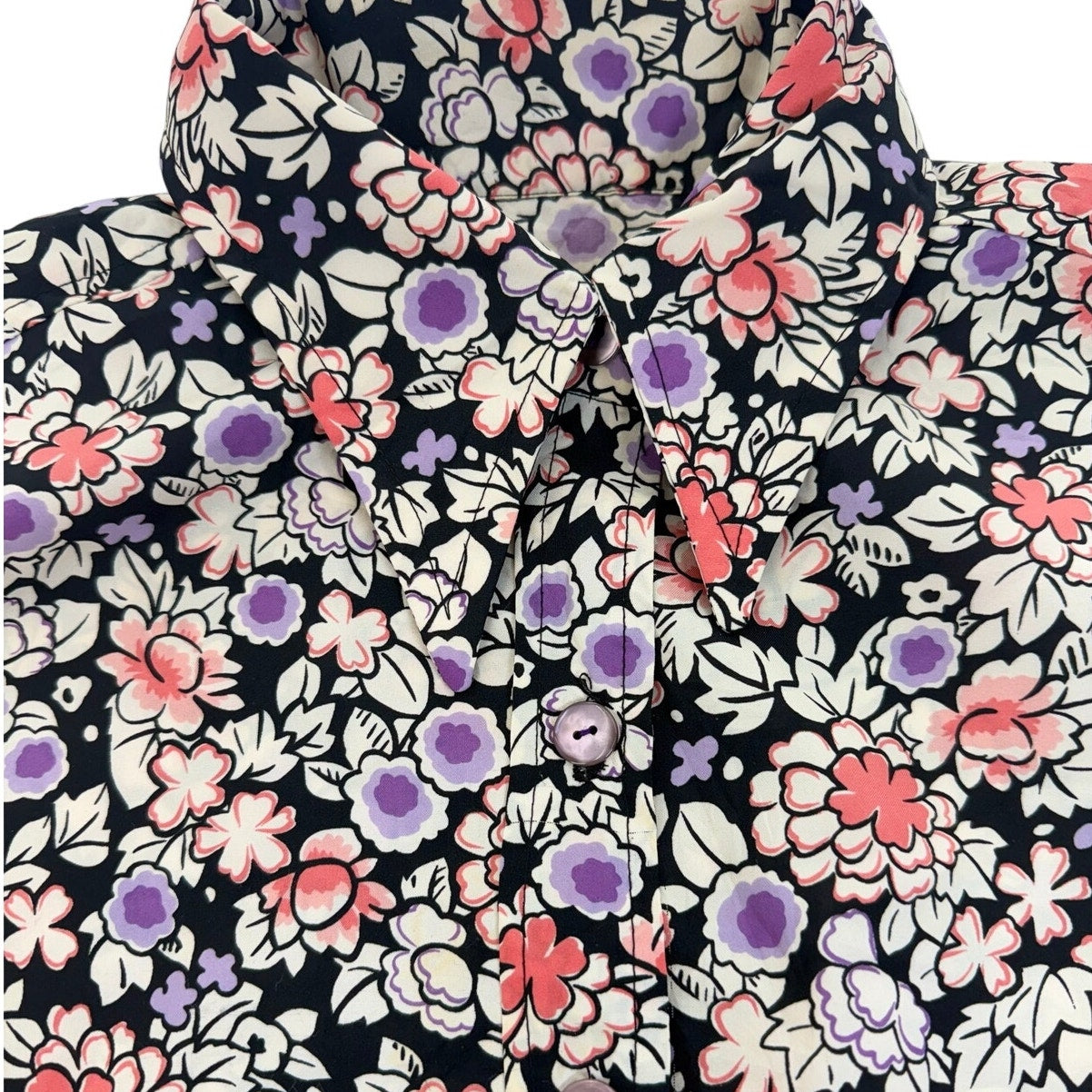 Vintage 70s Floral Blouse Black Cream Lavender Long Sleeve Women's Large