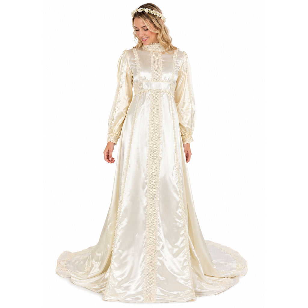 Vintage 1970s Union Made Satin Wedding Dress w/ Train Lace Trim Women's Small