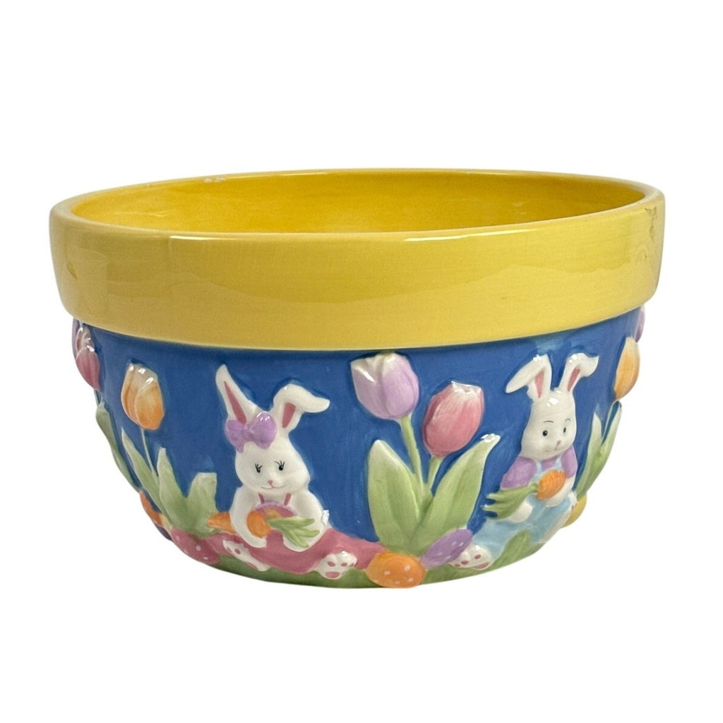 Vintage 90s Blossoms & Blooms Blue Yellow Easter Bunny Carrot Tulip Ceramic Bowl 9”