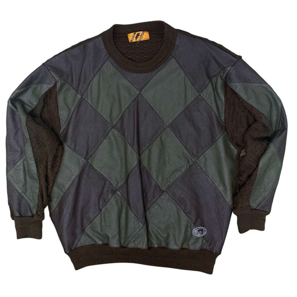 Vintage 80s Men's XL Patchwork Knit Sweater Blue Green Trutus Biancarra